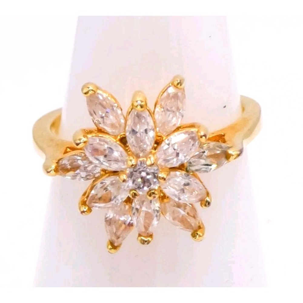 80's Cluster Flower Rhinestone Demensional Sz 7 New Deadstock Gold Vintage Ring
